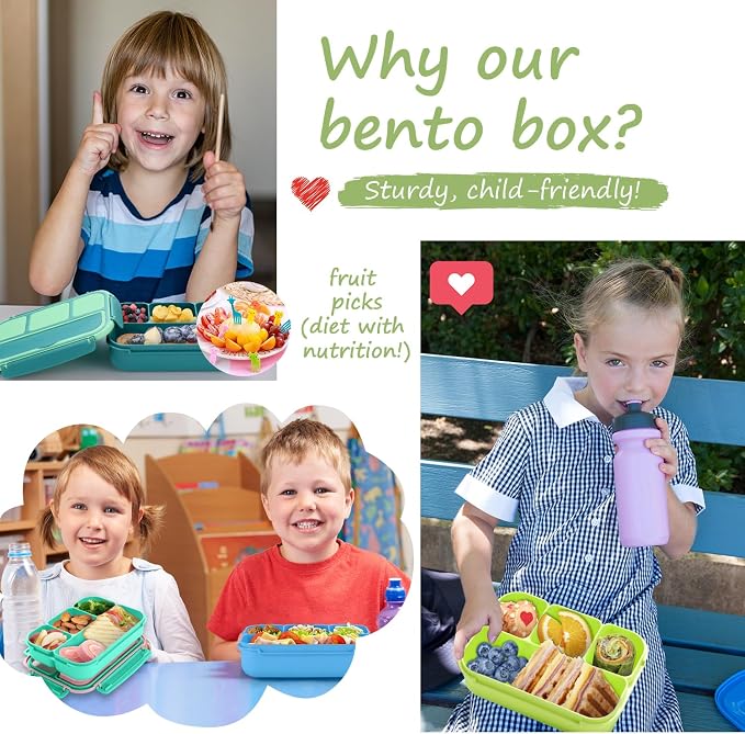 QQKO Bento Box for Kids Adults, School Toddler Lunch Box for Boys Girls, Lunch Box Containers with 4 Compartments, Sauce Container, Utensils, Food Picks and Muffin Cups for School, Pink Yellow Green