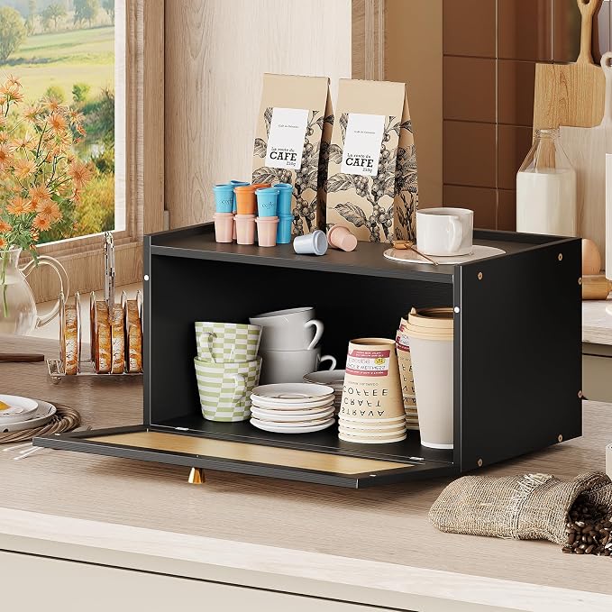 Trironsun Rattan Bamboo Bread Box for Kitchen Counter Large Capacity Bread Storage Bin Farmhouse Bread Storage Container Rustic Bread Holder (Black)