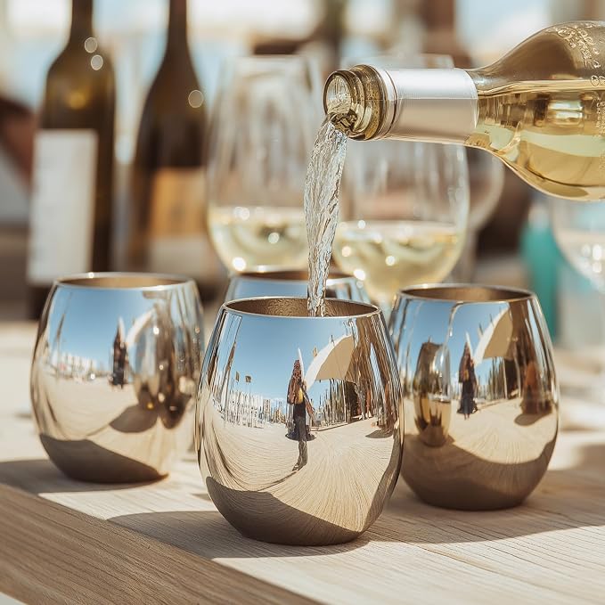 K&K Home Silver Stainless Steel Unbreakable Silver Stemless Wine Glasses - 15 oz - Set of 4 Colored, Stemless Metal Wine Glasses Perfect for Outdoors, Weddings, and Parties