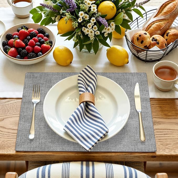 Faux Leather Heat Resistant Placemats 8 Packs, Waterproof Wipeable Dining PU Place Mats for Indoor & Outdoor, Easy to Clean, Light Grey