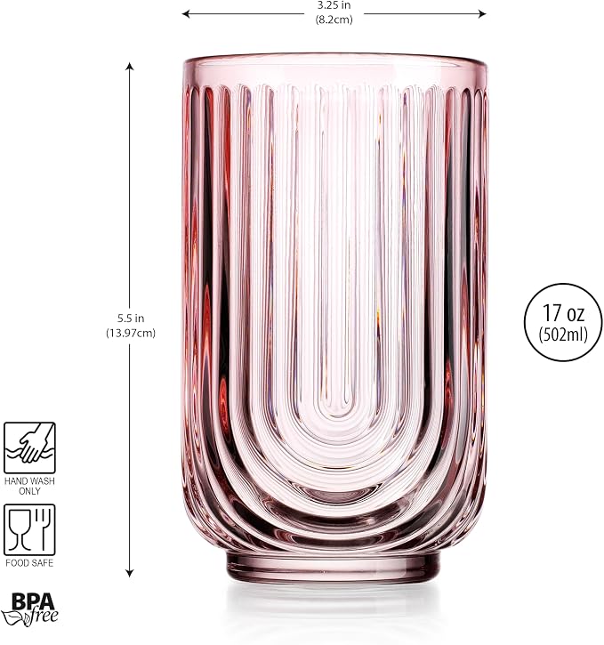 Glaver's Vintage Glassware Art Deco Glasses Ribbed Drinking Glasses U-Shape Arch Design Colored Cocktail Kitchen Tumblers Everyday Dinner Decorative Party Hand-Wash Only (Pink S/4 17oz)