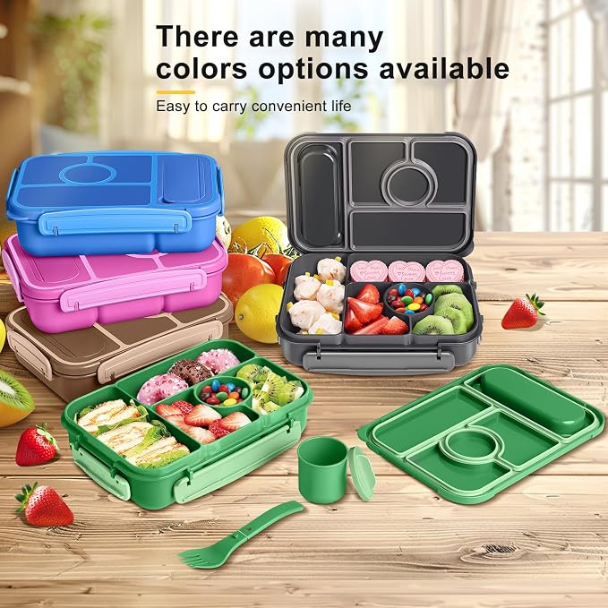 Amathley Bento Box Adult Lunch Box Kids,Lunch Containers for Adults/Kids/Toddler,5 Compartments Bento Lunch Box with Sauce Vontainers,Microwave & Dishwasher & Freezer Safe,BPA-Free (Emerald green)