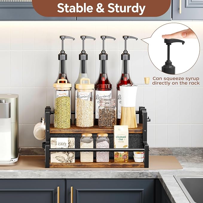 Homeiju Coffee Syrup Organizer Rack with Coffee Pod Drawers and Cup Hook, 2-Tier Coffee Bar Accessories, Wine Bottle Holder Stand, Wine Rack, Storage Shelves for Syrup. (Rustic Brown)