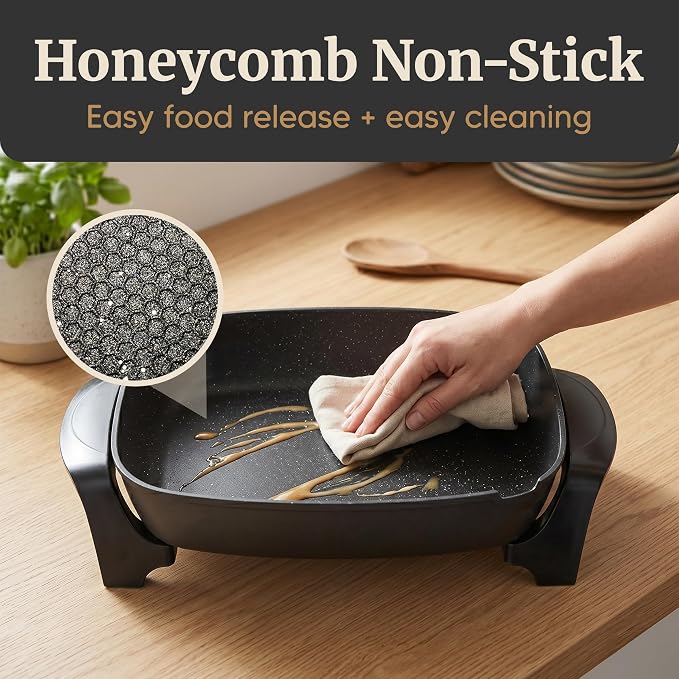 Elite Gourmet EG-6203# Non-Stick Electric Skillet, 10.5Qt, Black | Pour Spout, Glass Vented Lid, Long-Lasting, 200-400°F Adjustable Temp, Dishwasher Safe, Serves 6-8 - Extra-Deep 16"x13"