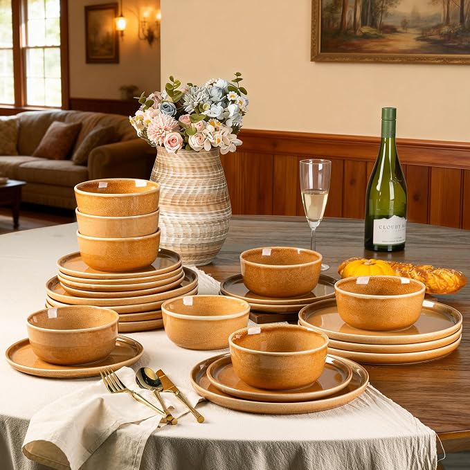 GBHOME Dinnerware Sets for 8, 24 Pieces Ceramic Plates and Bowls Set | Scratch Resistant Stoneware Dishes Set, Dishwasher & Microwave Safe, Reactive Glaze-Amber
