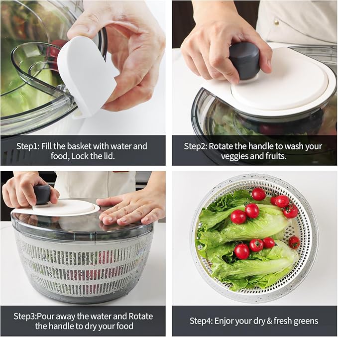 Cambom Salad Spinner Lettuce Spinner, Wash, Spin & Dry Salad Greens, Vegetable Washer Salad Dryer With Rotary Handle for Fruits & Vegetables, High Efficiency Vegetable Spinner Kitchen Gadget 3Qt White
