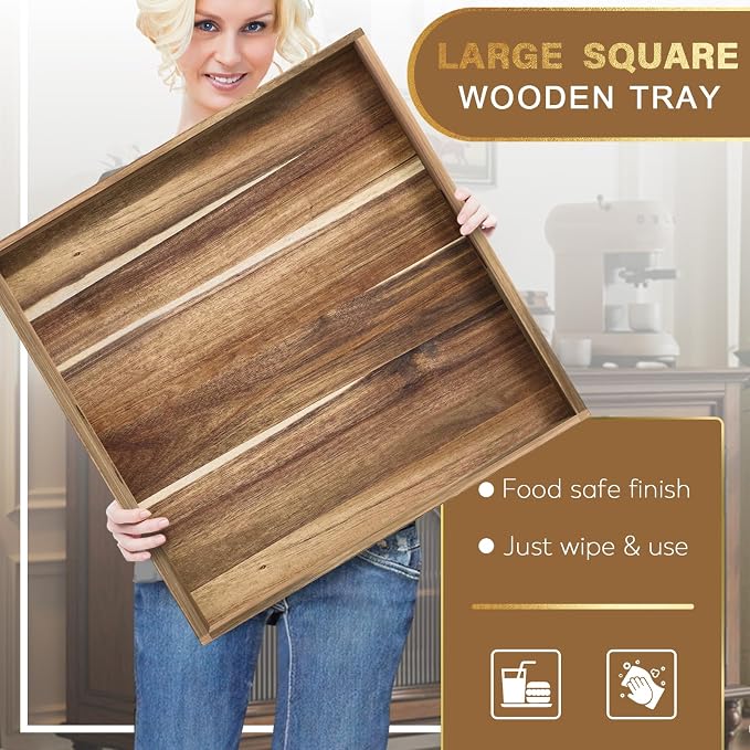 Extra Large Ottoman Tray, 24" Square Acacia Wood Tray with Handles | Farmhouse Wooden Decorative Trays, Oversized Coffee Table Tray, Serving Platter Tray for Living Room, Countertop, Charcuterie