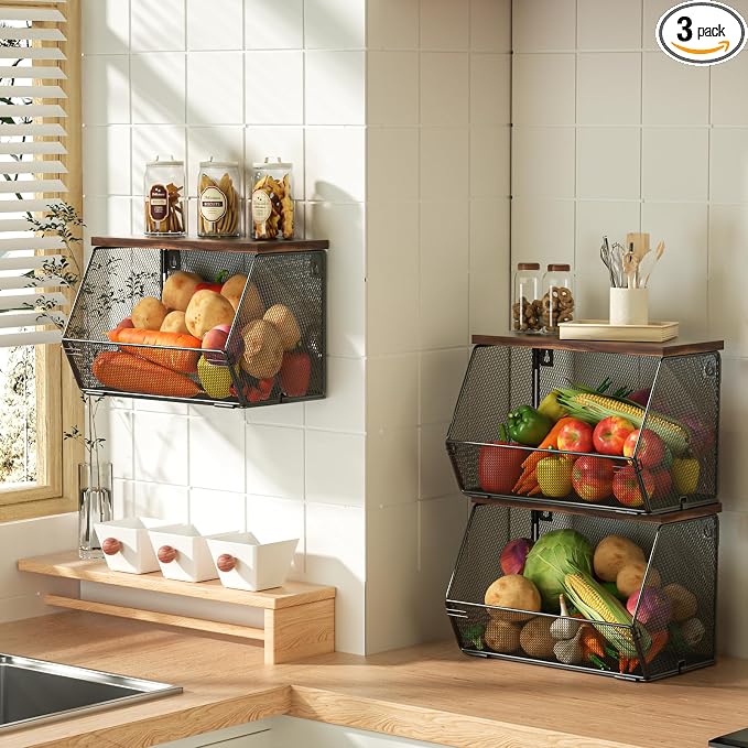 Litwaro Fruit Basket Wire Baskets with Wood Lid, Wall Mounted Produce Basket for Snack, Fruit and Vegetable Storage, Countertop Onion and Potato Storage, 3 Pack Stackable Kitchen Counter Organizer