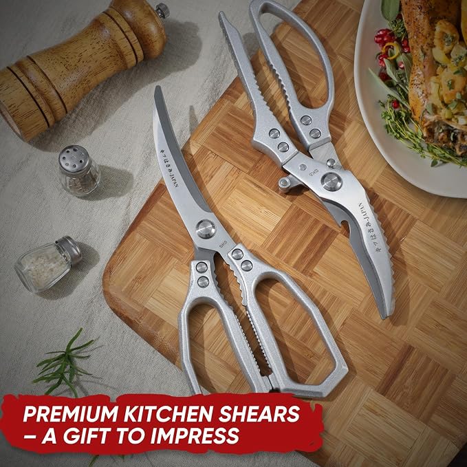 TIVOLI Silver Japanese Kitchen Shears Set for Chicken Bones, Meat & Turkey | Japanese SK5 High-carbon Stainless Steel, Ergonomic Non-Slip Handle, Gift Box, for Chicken Bones, Korean BBQ and Turkey