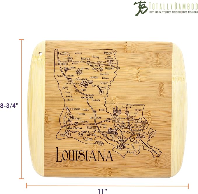 Totally Bamboo A Slice of Life Louisiana Engraved Map Cutting Board | 11” x 8.75” charcuterie board with engraved state map artwork. Smooth reverse side for food prep. Hang tie for wall display.