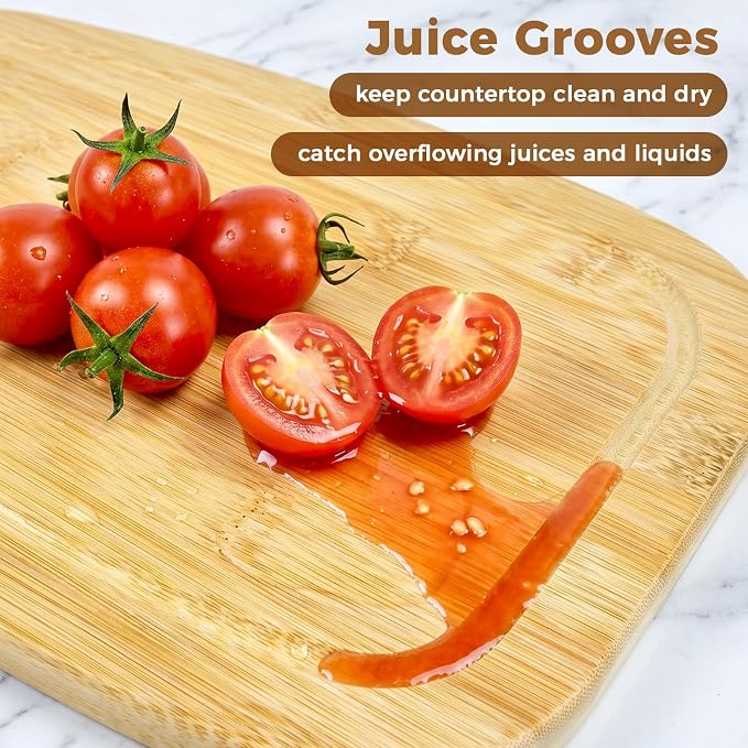 Bamboo Decorative Cutting Board with Handle Set of 2, for Meat | Wood Cutting Board with Handle, for Cheese, Bread, Vegetables, Serving Tray for Kitchen - with Juice Groove - 15.5" × 7.6"