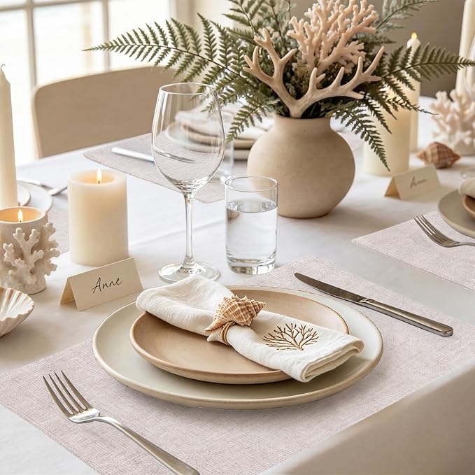Faux Cotton Linen Placemats Set of 6, Cloth Washable Farmhouse Dining Table Mats for Indoors & Outdoors, Easy to Clean, Neutral Beige, 13 x 19 Inch