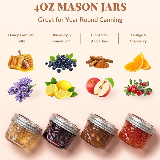 CycleMore Mason Jars 4 oz, 24 Pack Diamond Mini Glass Jars with Printed Silver Split Lids, Small Canning Jars for Caviar, Jam, Honey, Jelly, Party Favors and Gifts