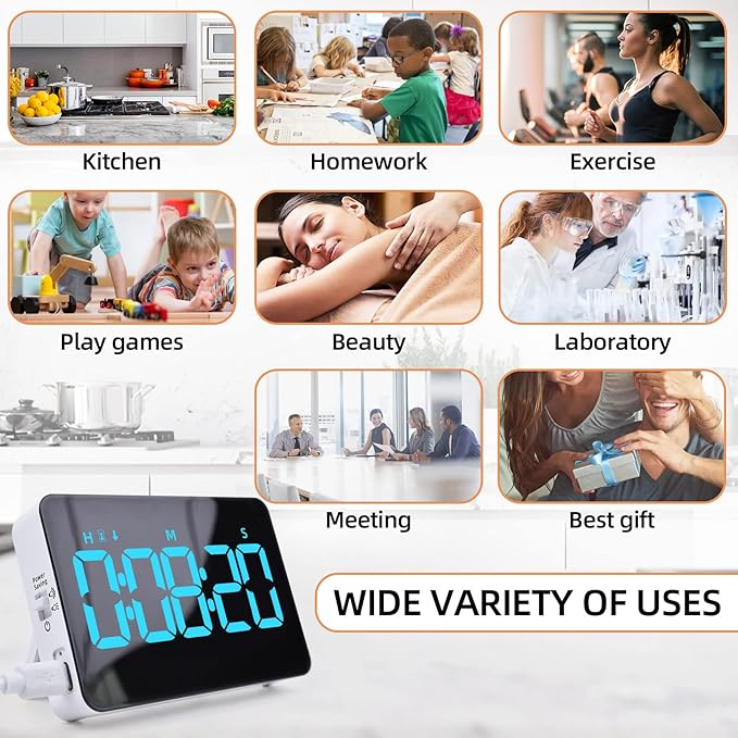Samshow Rechargeable Digital Kitchen Timer, Ice Blue, 5 Inch | Countdown/Up, 3 Adjustable Brightness, 4 Adjustable Volume , 5" LED Display, Magnetic, For Classroom/Office/Home/Work/Game