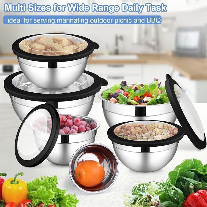 LIANYU Stainless Steel Mixing Bowls Set, Large 7, 3.5, 2.5, 2, 1.5, 1QT | 6 PCS Metal Nesting Bowls with Transparent Airtight Lids, Serving Bowl Set for Home Kitchen, Dishwasher & Freezer Safe, Black