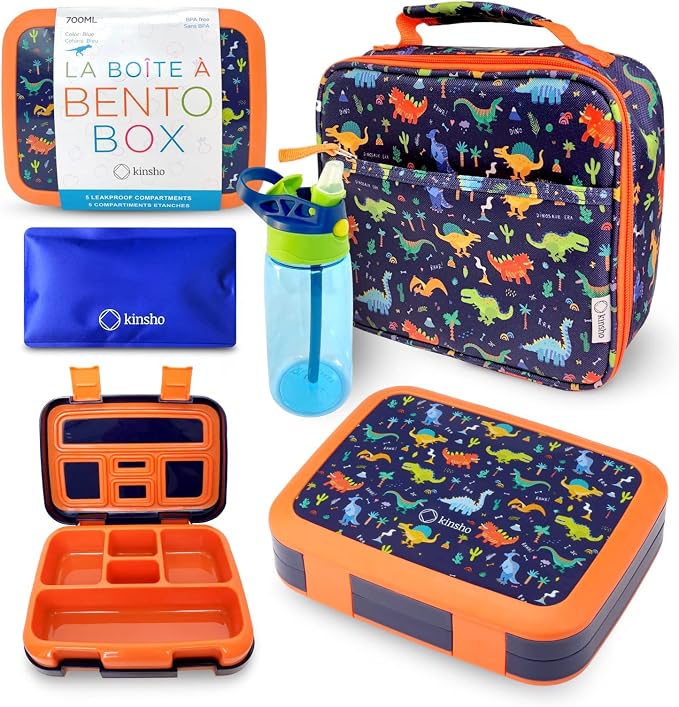 kinsho Kids Bento Lunch Box, Water Bottle, Ice Pack & Bag, Blue Dinosaur | 5 Leakproof Portion Compartments, BPA-Free Removable Tray, Insulated Meal, Snack Container for Toddlers, Pre-School & Daycare