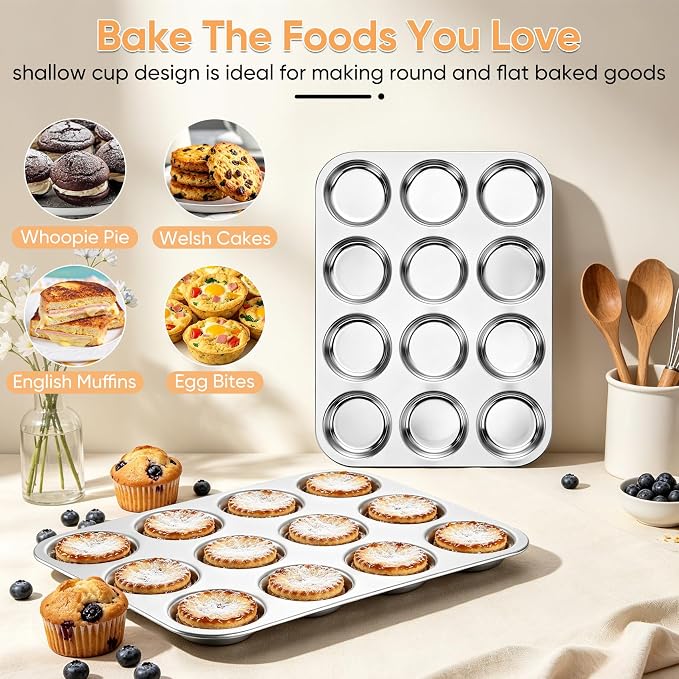 TeamFar Muffin Top Pan, 12 Cavity Stainless Steel Shallow Cupcake Pan | Muffin Tin for Baking Yorkshire Pudding, Whoopie Pie, Egg Bite, Hamburger Bun, Non Toxic & Dishwasher Safe
