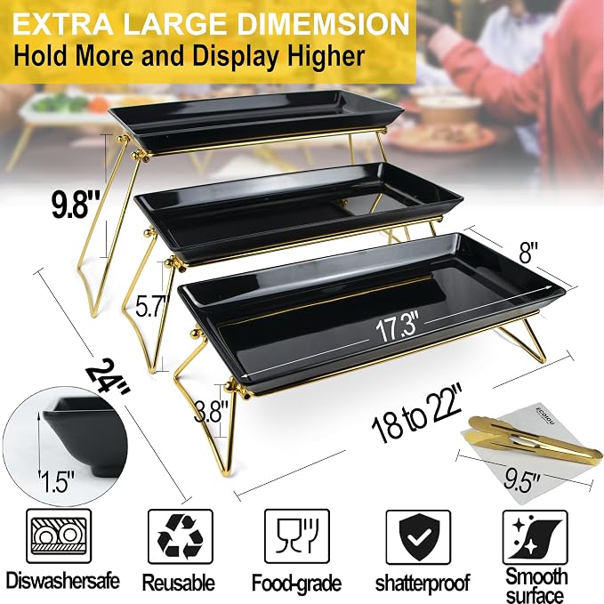 ECOIOU Extra Large 3 Tier Serving Tray, 24 x22 x 9.8 Inch | Melamine Tiered Tray Stand and Platters for Party Buffet Entertaining, Black and Gold