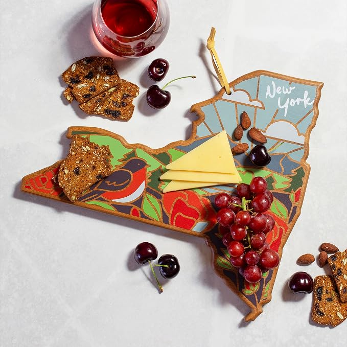 Totally Bamboo New York State Shaped Cutting Board, Summer Stokes Art | State charcuterie board with colorful hand-drawn landscape art. Smooth reverse side for food prep. Hang tie for wall display.