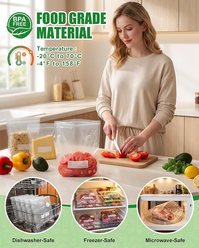 RIWUSI 30PCS Reusable Vacuum Sealer Bags for Food with Air Valve & 10 Seal Clips – Small (8.2 x 8.7 in), BPA Free Food Storage Bags,Lock in Food Freshness for Freezer, Microwave, Sous Vide Cooking