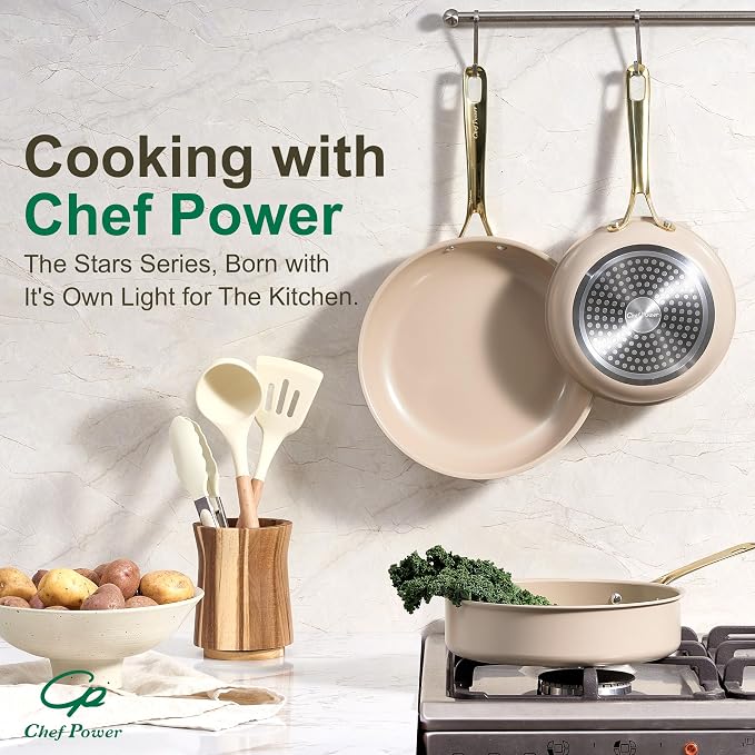 Ceramic Frying Pan with Stainless Steel Handle 5Pcs Set, Non Stick Grill Pan Set, Dishwasher and Oven Safe, Taupe and Light Gold Handle