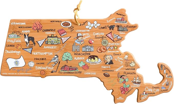 Totally Bamboo Massachusetts State Shaped Cutting Board, Art by Fish Kiss | State charcuterie board with colorful hand-drawn map artwork. Smooth reverse side for food prep. Hang tie for wall display.