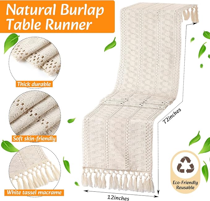 6 Sets Boho Decoration Placemats Round Woven Placemats, Cloth Napkins, Wood Bead Napkin Rings, Long Table Runner and Farmhouse Burlap Cotton for Table Kitchen (White,12x72)
