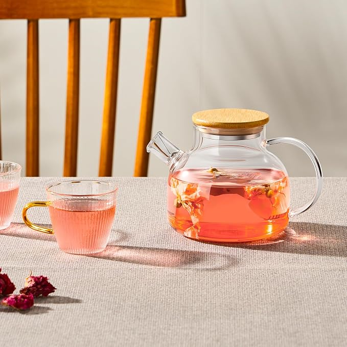 PARACITY Glass Teapot Stovetop 20 OZ/600ml, Borosilicate Clear Tea Kettle with Bamboo Lid, Glass Tea pot with Removable Filter Spout, Teapot Blooming and Loose Leaf Tea Maker Tea Brewer for Camping | 18/8 stainless steel tea infuser/strainer; borosilic...