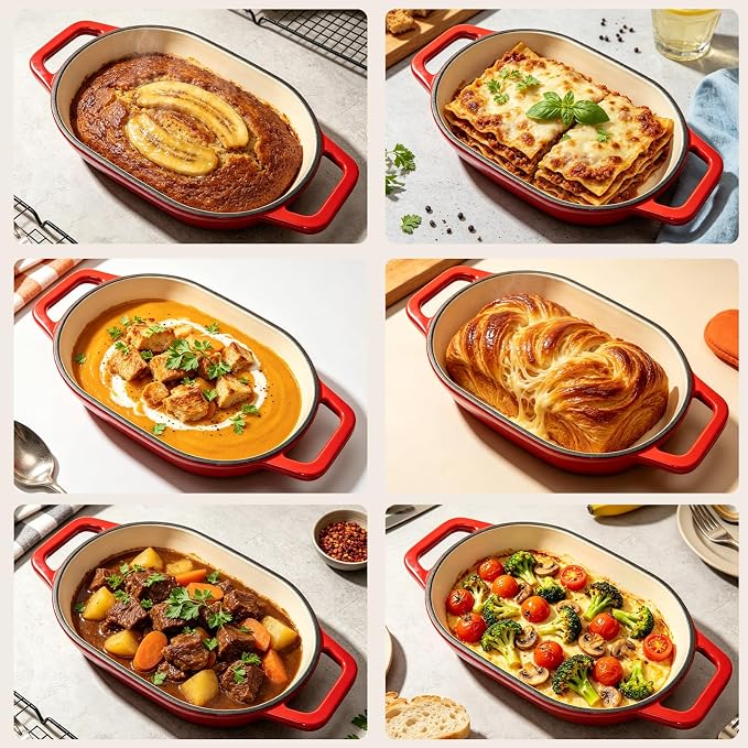 Wdmiya Dutch Oven for Sourdough Bread Baking, Shallow Base & Dome Lid 5 QT | Enameled Cast Iron Bread Baker for Batards & Boules, Easy-Clean Enamel, 500°F Oven Safe, Red, 11.5" x 7.8"