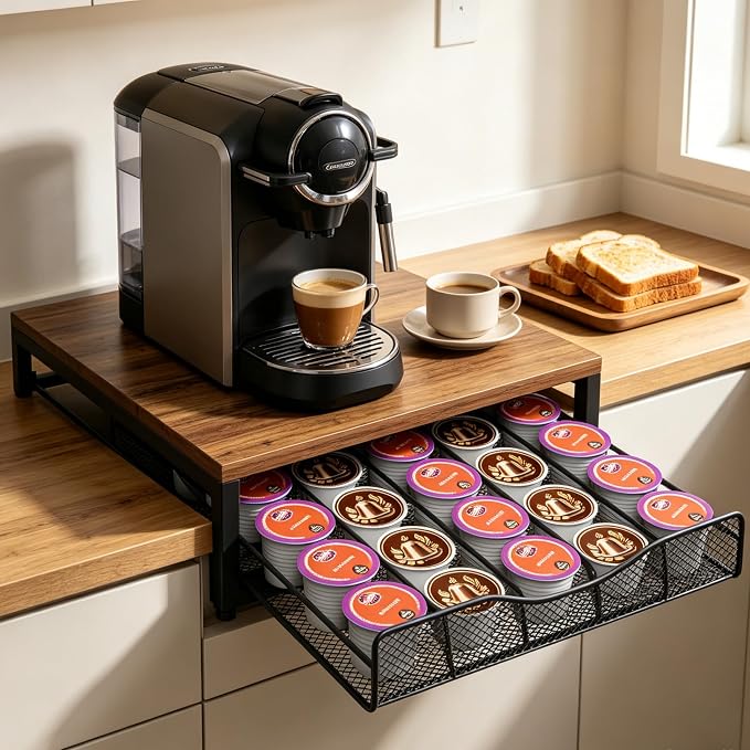 VyGrow Coffee Pod Holder For Counter, Wooden K Cup Holder with Single Layer Sliding Drawer, Large Capacity Coffee Pod Storage for Coffee Station, Home, Office, Kitchen