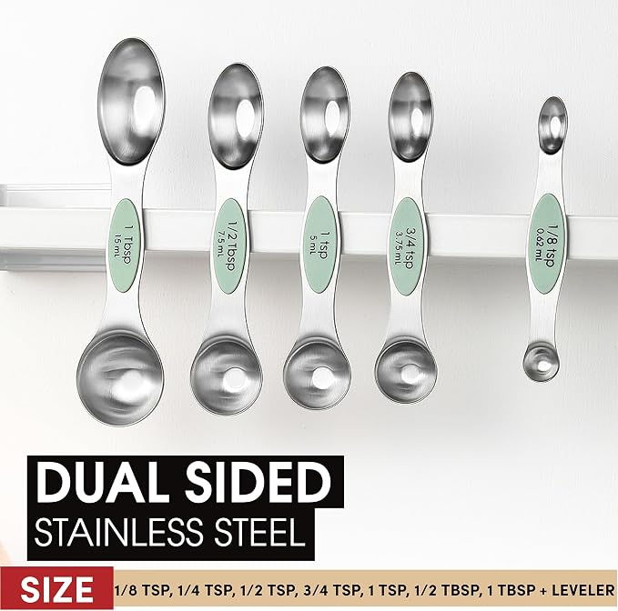Spring Chef Stainless Steel Magnetic Measuring Spoons Set of 8, Pistachio | Nesting Metal Teaspoon & Tablespoon Measuring Spoons with Leveler for Dry & Liquid Ingredients, Dual Sided, Dishwasher Safe