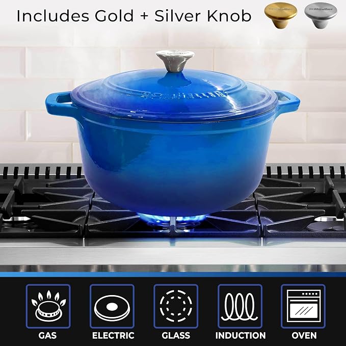 Mueller 6qt Enameled Cast Iron Dutch Oven, Heavy-Duty Casserole and Braiser Pan with Lid and Knob, Safe for All Cooktops, Aqua Blue | Casserole & Braiser Pan, Sourdough Bread Baking, PFOA-Free, Oven Safe to 500°F, All Cooktops incl. Induction, Aqua Blue