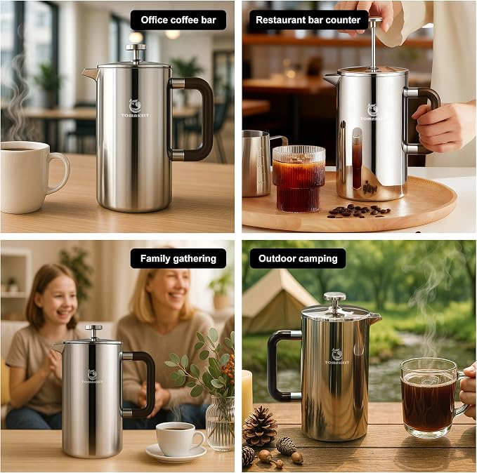 TOMAKEIT 1L/34 Oz French Press Coffee Maker,304 Stainless Steel Coffee Press,Durable & Easy Clean,Leak-Proof Design,Prensa Francesa Para Cafe for Home,Office,Camping (Silver-Upgrade)