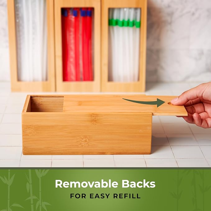 Bamboo Storage Bag Organizer for Drawer, 4 Blocks – Plastic Bag Organizer | Modular Kitchen Organization, Quick Refill – Fits Gallon, Quart, Sandwich & Snack Size Bags