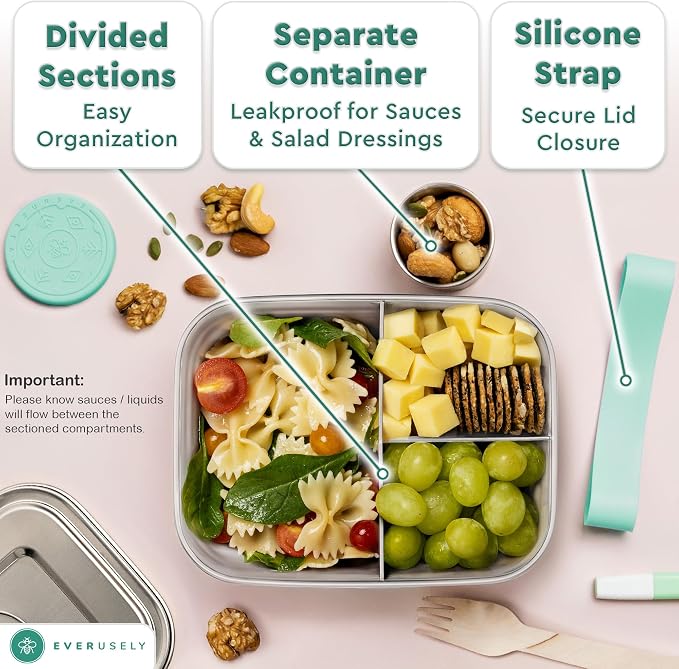 Stainless Steel Bento Box + Condiment Container - Green, 37oz / 1.1 L | Everusely metal lunch box, leakproof sauce container, 3 compartment snack organizer for travel, freezer & dishwasher safe