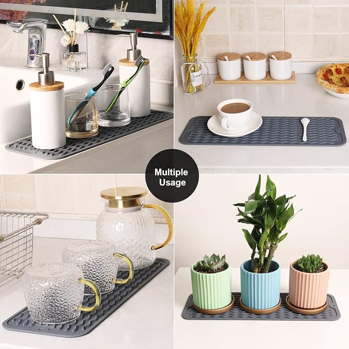 ZLR Small Dish Drying Mat for Kitchen Counter, 6"x17", 2-Pack, Dark Gray | Narrow Silicone Drainer for Apartment, Dorm & RV, Wavy Ridges Quick-Dry, Non-Slip, Rolls Up, Dishwasher Safe