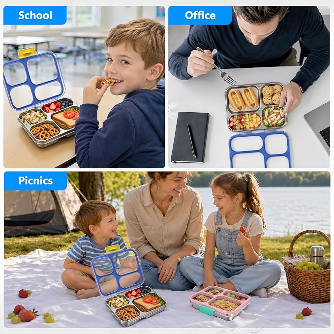 HOMEKOL Stainless Steel Bento Lunch Box, 4 Cups, Blue | 4-Compartment Leak-Proof Metal Lunch Container for Kids & Adults, BPA/BPS-Free, Dishwasher Safe, Clear Lid, (Not Insulated)