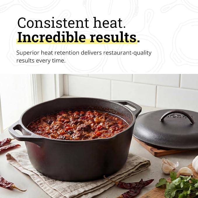 Lodge Cast Iron Dutch Oven 7 Quart - Loop Handle Cooking Vessel - Even Heat Retention - Oven-Safe, Versatile Pot