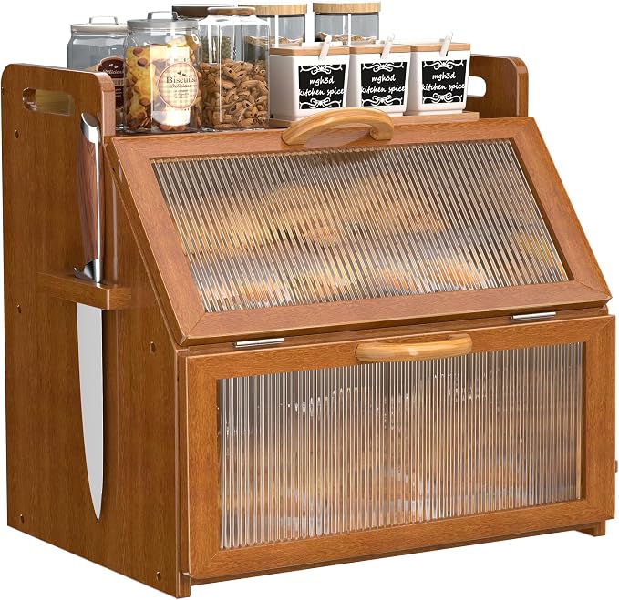 Bread Box for Kitchen Countertop, Large Bread Storage Container for Homemade Bread, Vintage Wooden Farmhouse Breadbox Organizers, Double Layer Bread Bin with Acrylic Window Bread Holder