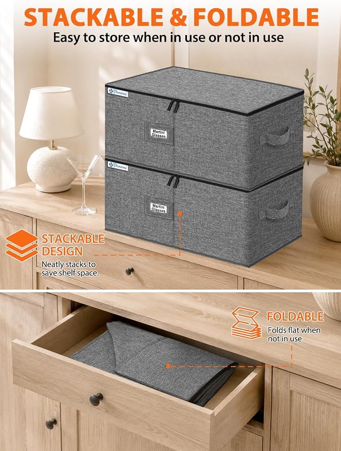 Wine Glass Storage Box for Martini, 5" Wide Cell Hard Shell China Storage Containers with Dividers, Stackable Stemware Storage Holder for Glassware, Margarita, Goblets & Brandy Snifters, Grey