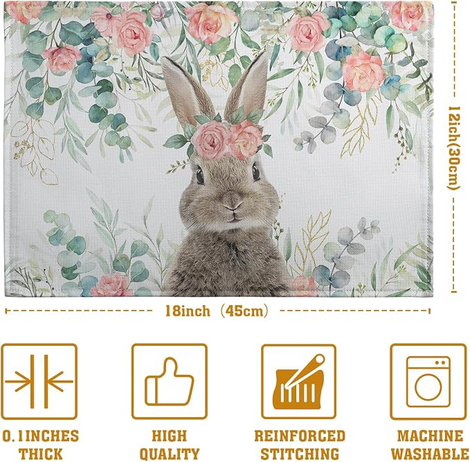 Easter Bunny Placemats Set of 4 Eucalyptus Leaves Rabbit Rose Place Mats 12x18 Inch Spring Seasonal Vintage Farmhouse Heat Resistant Washable Table Mats for Party Kitchen Dining