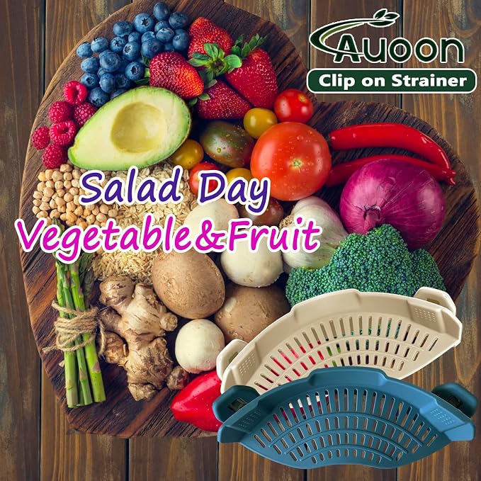 AUOON Pasta Strainer Clip on Silicone, Standard 8.86 x 3.55 in, Fog Blue | BPA-free, Fits All Pots Pans Bowls, Dishwasher Safe, for Meat Noodles Vegetable Fruits, Space-saving Kitchen Gadget