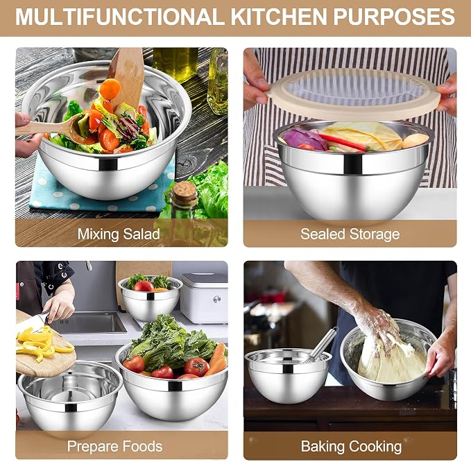 LIANYU 6 PCS Mixing Bowls with Visible Lid, Size 7, 3.5, 2.5, 2, 1.5, 1QT | Large Stainless Steel Nesting Bowl Set, Metal Kitchen Serving Bowls for Cooking, Baking, Freezer & Dishwasher Safe, Khaki