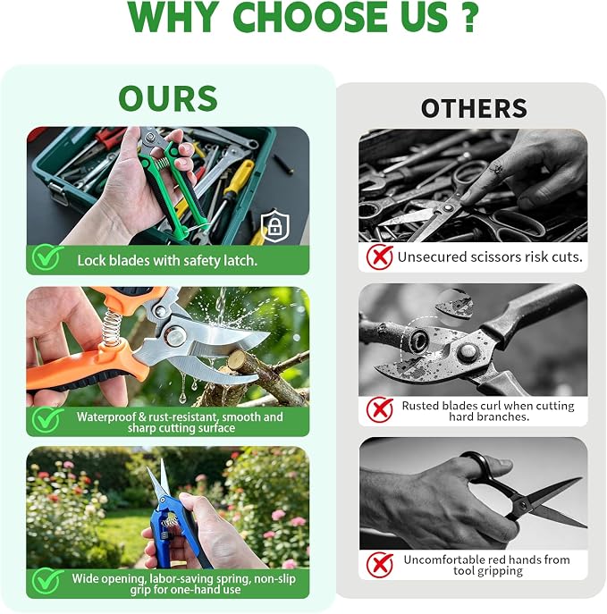 HoMaNa 4 Pack Garden Shears Pruning Set, Stainless Steel Multi-Blade | Sharp stainless steel blades with safety lock, spring ergonomic grips reduce hand strain, for flowers, bonsai garden