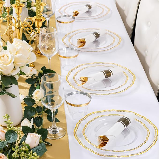 175 Pcs Clear Gold Plastic Plates Wedding & Party | Gold Plastic Dinnerware Set Includes 25 Dinner Plates, 25 Dessert Dinnerware, 25 Cups, 25 Napkins Perfect