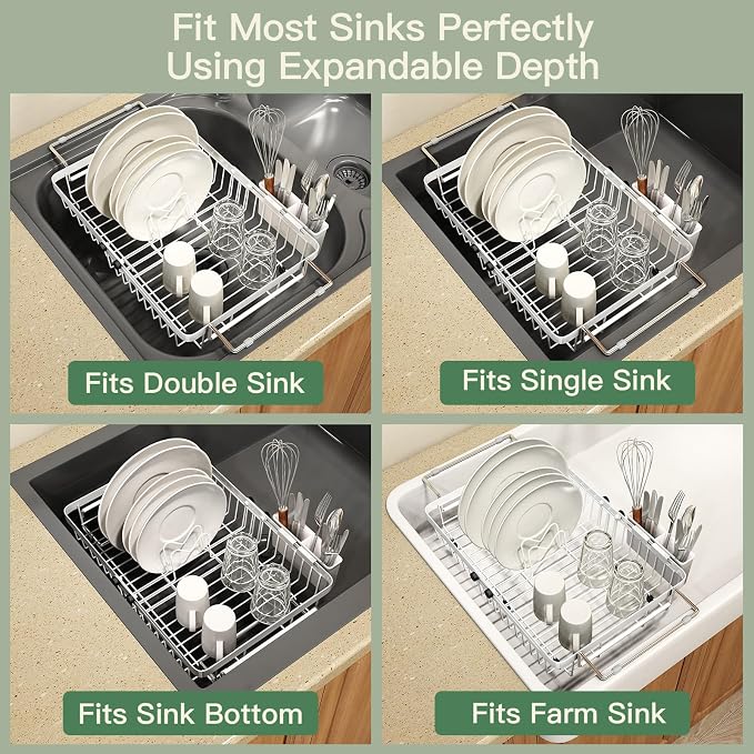 White Dish Drying Rack Over The Sink with Utensil Holder | Expandable Stainless Steel Dish Drainer for Small Kitchen, Apartment, RV, Counter Space Saving, Perfect Fit, Rustproof