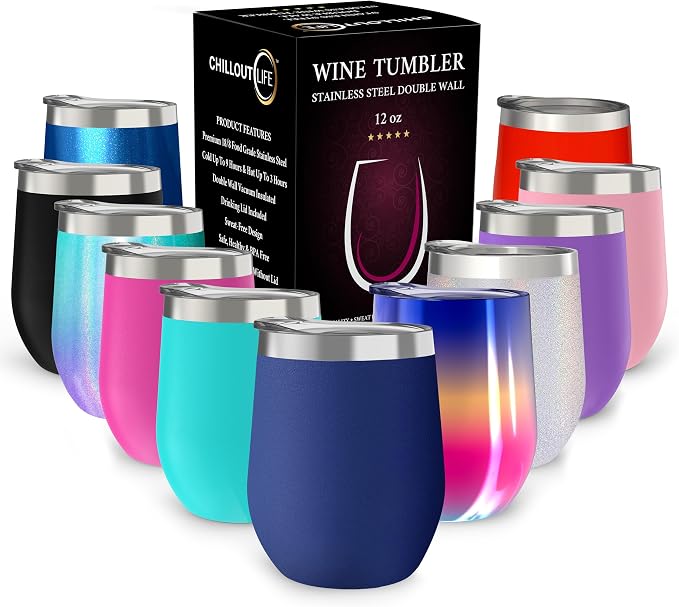 12 oz Stainless Steel Wine Tumblers 2 Pack - Double Wall Vacuum Insulated Wine Glasses Cups with Lids and Straws Set Keeping Cold & Hot for Coffee, Beer, Ice Cream - Powder Coated Navy Blue