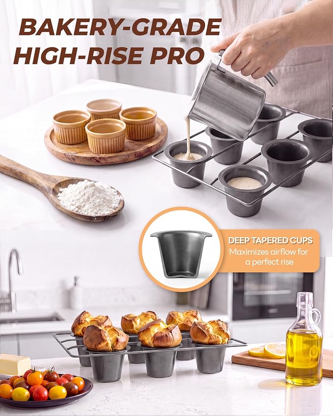 Bake Choice Nonstick 6-Cup Popover Pan, Heavy-Duty Carbon Steel | Rust-proof | Flake-free | Warp-resistant | Fast heating | Professional Yorkshire pudding pan with PFOA-free coating