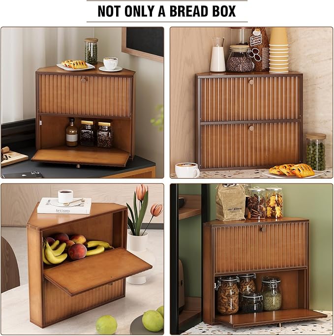 Trironsun Corner Bread Box for Kitchen Countertop Bamboo Two Layer Large Capacity Bread Storage Bin Vintage Storage for Homemade Bread (Brown)