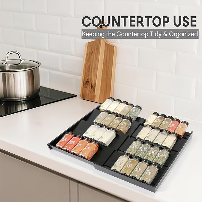 Bamboo Spice Drawer Organizer, 4-Tier Spice Rack for Cabinet | 12"-23" Expandable,No Assembly,Seasoning Storage Insert,(Need 3.1” Deep Drawer) Spice Organizer for Drawer,Jars Not Included